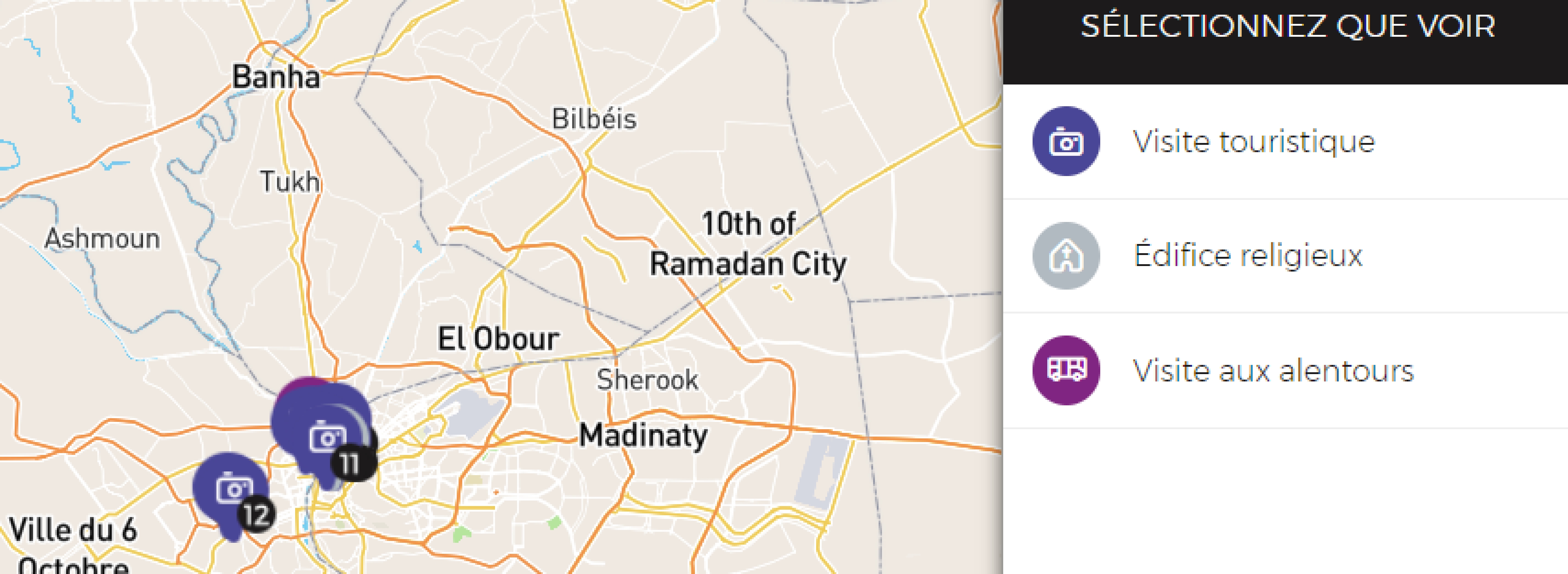 Une carte intéractive avec les endroits à visiter en égypte
