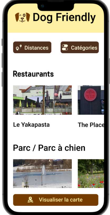 Image avec les restaurant et les parc à chiens plus mes deux boutons de filtres ansi qu'un bouton pour visualiserla carte.