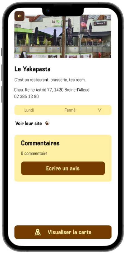Image de l apage du restaurant yakapasta avec l'adresse, l'horaire, les commentaires et le bouton pou visualiser l'endoits sur la carte.