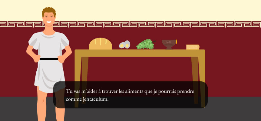 Capture d'écran du jeu qui vous permet de découvrir le premier mini-jeu, où vous devez trouver les aliments appropriés que Marcus va manger.