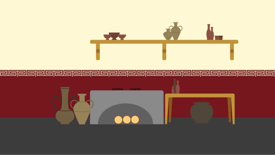 Image d'un fond utilisé pour le jeu représentant les éléments essentiels de la cuisine romaine.
