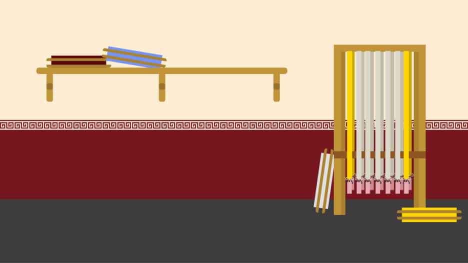 Image d'un fond utilisé pour le jeu représentant une échoppe de tisserand avec une machine à tisser et des bobines